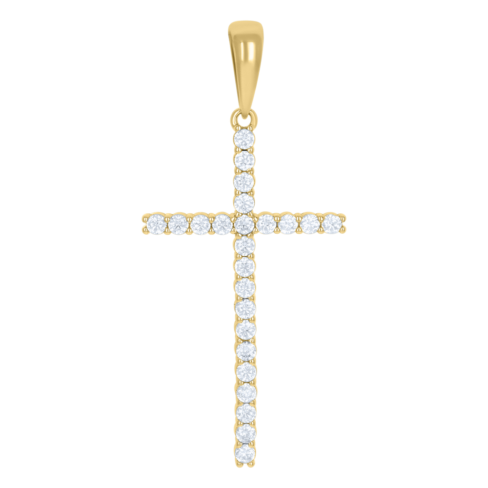 925 Sterling Silver Yellow-Tone Unisex Cz Cross Religious Charm Pendant